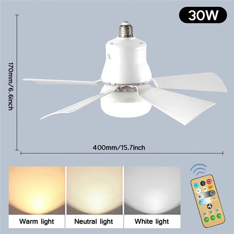 30W E27 Ceiling Fan Light with Remote - LED Dimming Function, Intelligent Silent Fan for Bedroom & Living Room