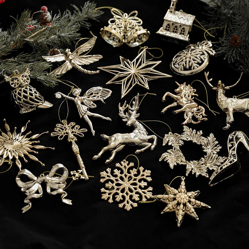 Christmas Tree Ornaments – Gold Plastic Balls with Butterfly, Dragonfly, Angel & Snowflake Decorations