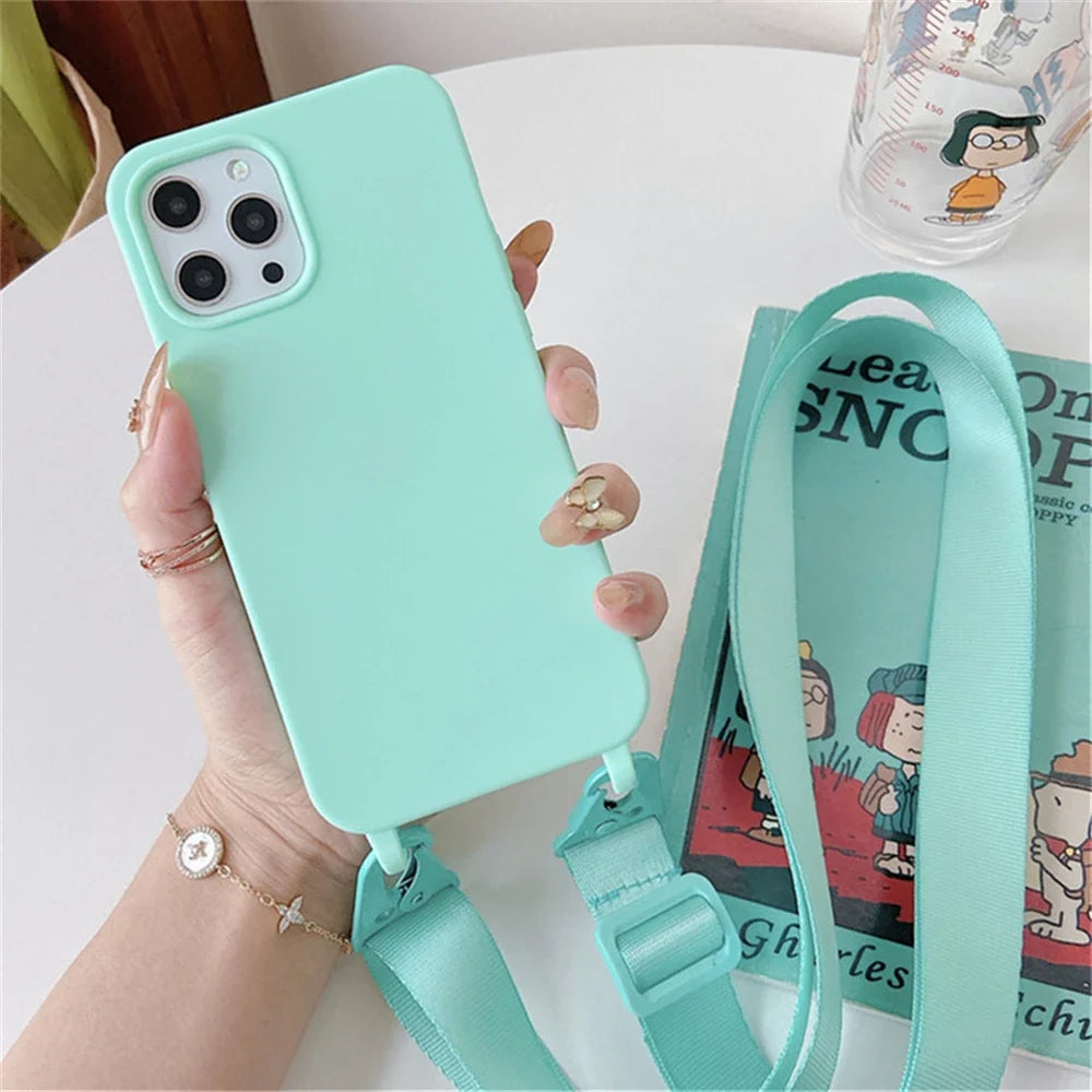 Crossbody Necklace Strap Silicone Case - Matte Shockproof Phone Cover for iPhone 17, 16, 15, 14 Pro Max & More