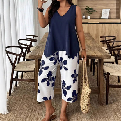 Women's Floral Print Sleeveless Summer Set - Elegant Casual 7/8 Length Fashion Outfit