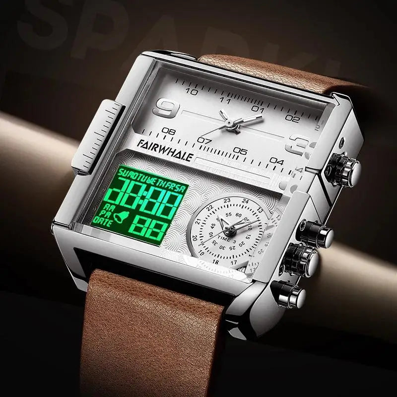 Mark Fairwhale Men’s Luxury Square Quartz Watch — Fashion Waterproof Military Leather Strap Wristwatch