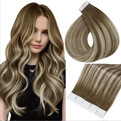 Full Shine Tape In Human Hair Extensions - 100% Remy Straight Hair Double Sided Silky Natural Tapes for Women