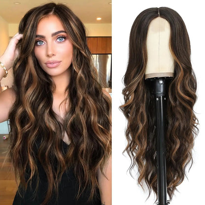 26-Inch Synthetic Ombre Blonde Wavy Wig for Women — Long Middle Part Curly, Heat-Resistant Natural-Look Hair