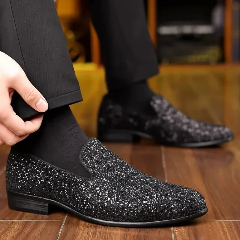 Men’s Luxury Sequin Loafers - Gold & Silver Formal Slip-On Wedding and Party Shoes