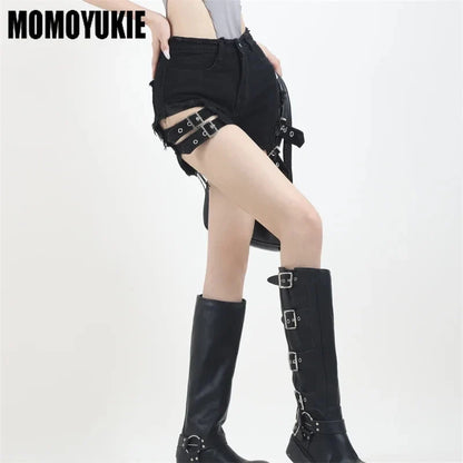 Vintage Harajuku Denim Shorts - Women's High Waist Irregular Goth Rock Style Slim Fit Summer Shorts