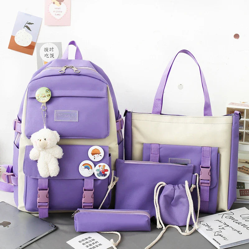 5-Piece School Bag Set – Canvas Backpacks for Teenage Girls & Women, Solid Color Student Schoolbags