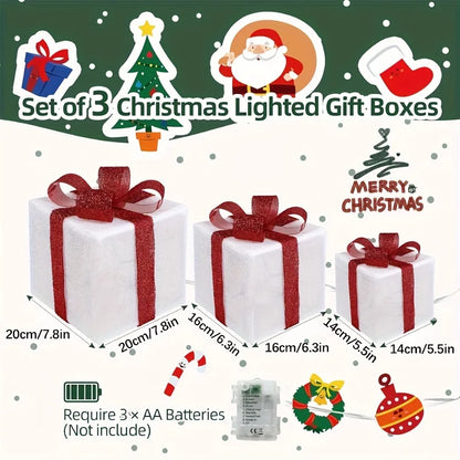 3-Piece LED Christmas Gift Box Set - Holiday Lighting Display for Christmas & Thanksgiving (3 AA Batteries Required)