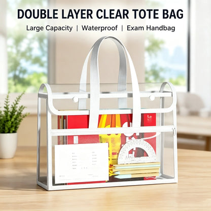 Double Layer Clear Tote Bag - Large Waterproof Portable Handbag for Students, Books, Documents & Stationery Storage