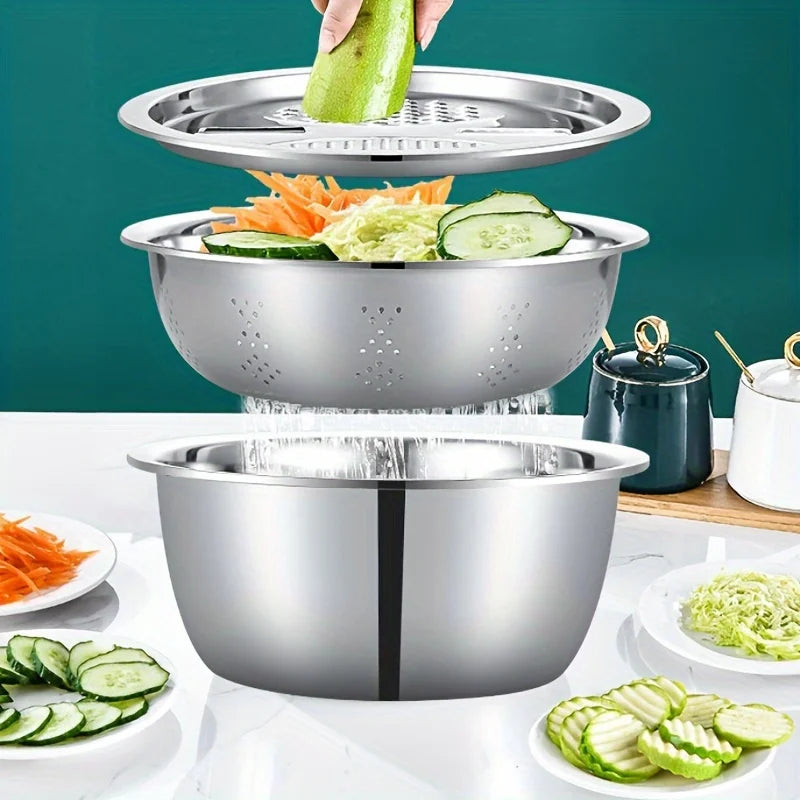 3-Piece Stainless Steel Kitchen Prep Set - Mixing Bowl & Multifunctional Vegetable Slicer for Fruits and Vegetables