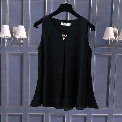 Women's Chiffon V Neck Blouse - Loose Sleeveless Plus Size Fashion Top M-5XL
