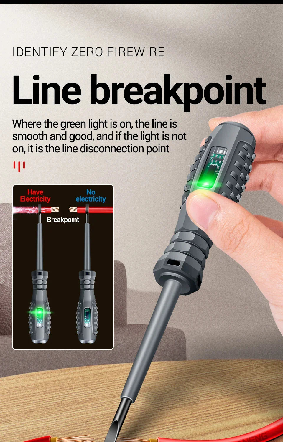 Multifunctional Electrician Test Screwdriver – AC Non-Contact Voltage Tester Pen 70-600V with Red/Green Indicator Lights