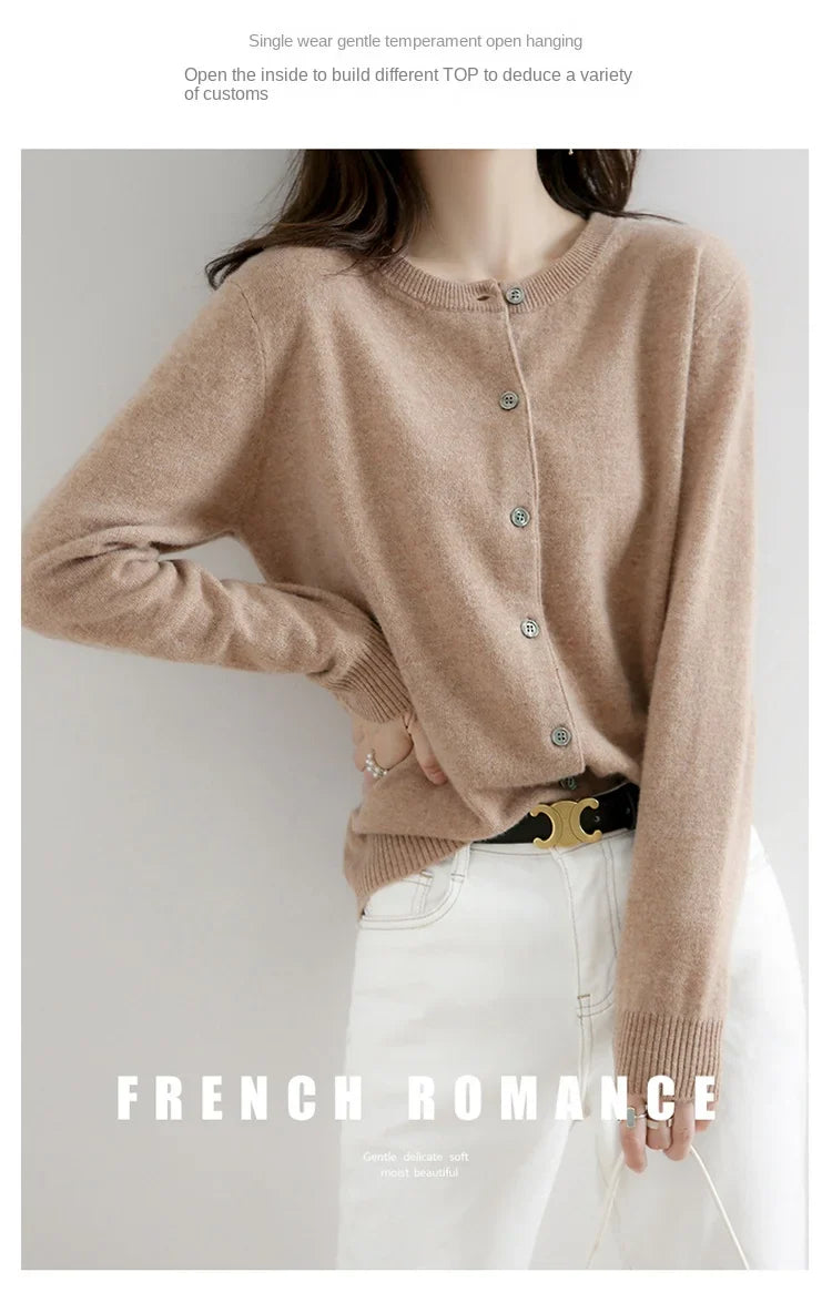 Women’s Solid Color Knit Cardigan - Spring Autumn Round Neck Worsted Sweater ZD-021