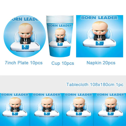 Cartoon Boss Baby Birthday Party Set - Disposable Tableware, Backdrop & Balloons for Kids Baby Shower Decor
