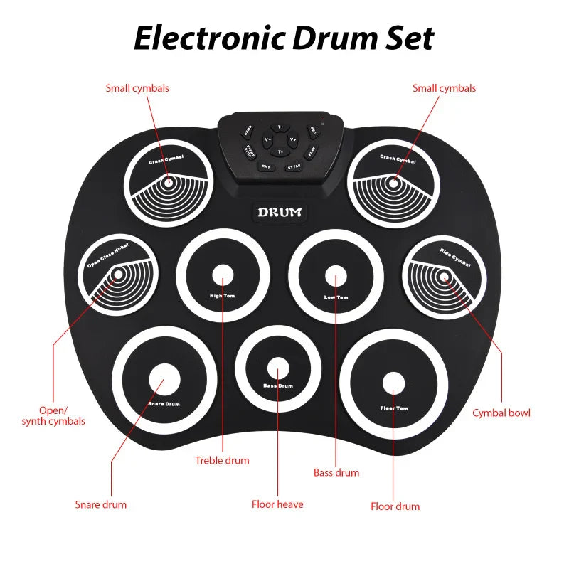 Portable 9-Pad Electronic Drum Set with MIDI – Roll-Up Digital Drum Kit with Pedals & Drumsticks