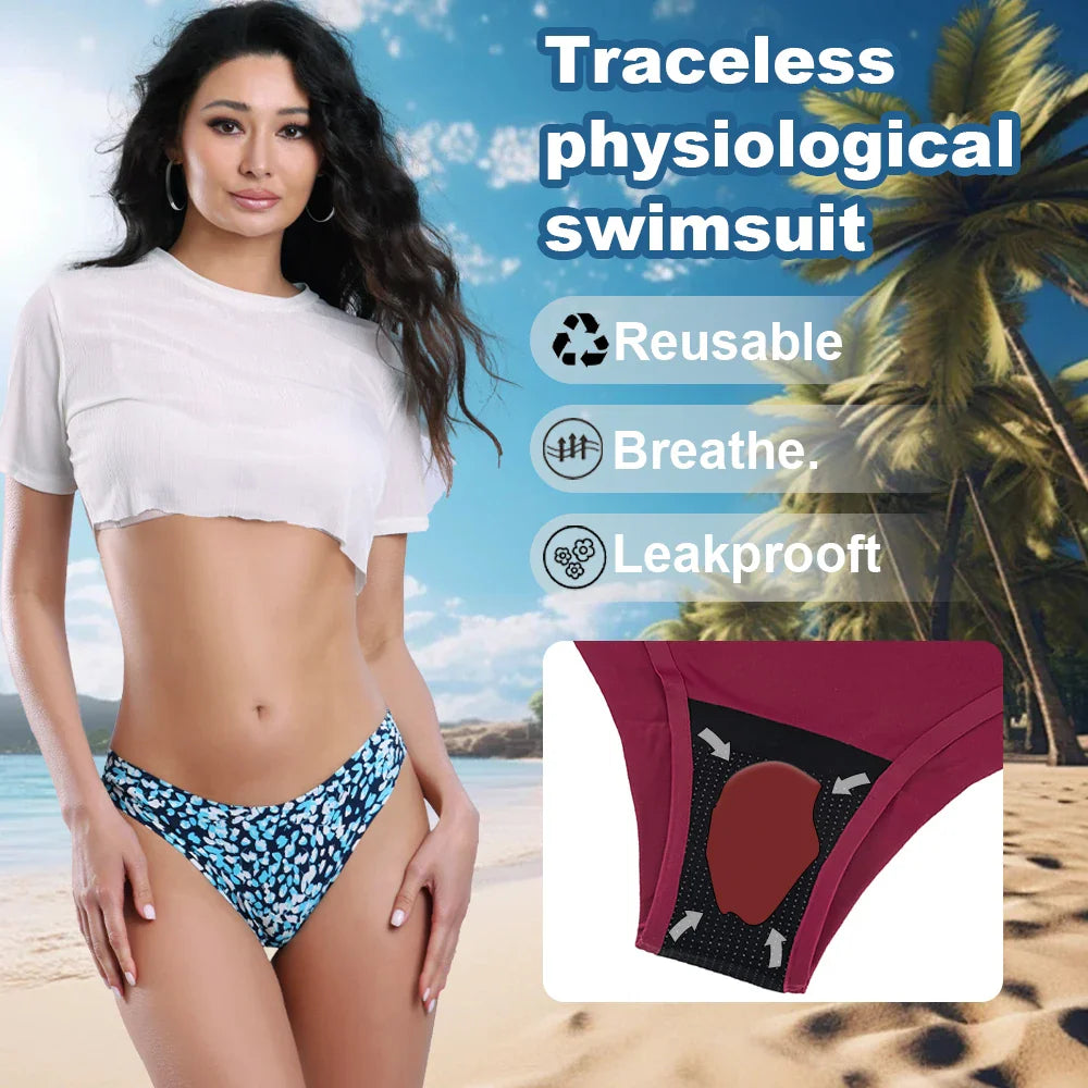 Teen Girls Seamless 4-Layer Leakproof Period Swim Bikini — Fast-Absorb Menstrual Beachwear