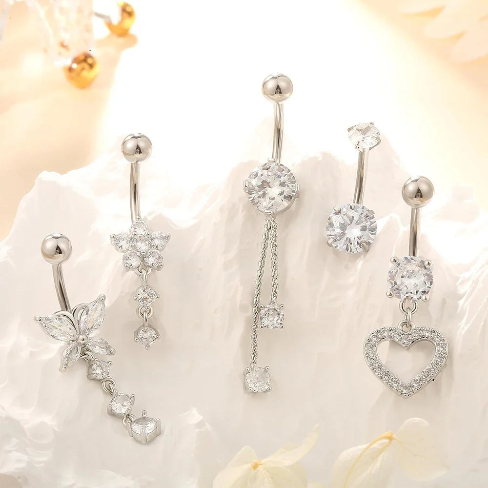 5PCS Belly Button Rings Set – 14G Butterfly & Heart Curved Navel Piercings for Women & Girls Body Jewelry