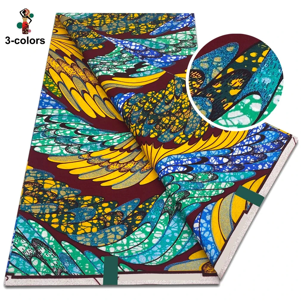 African Glitter Glam Wax Fabric - 100% Cotton Golden Ankara Print 6 Yards