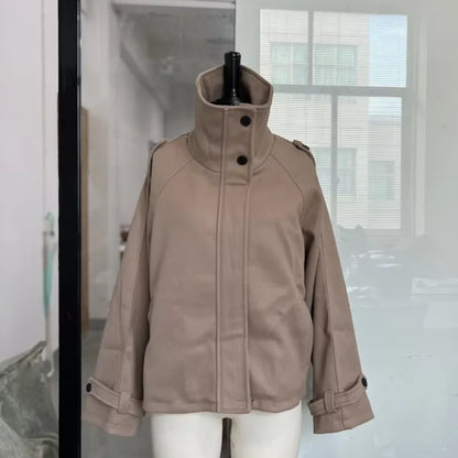 Women’s Short Woolen Coat - Stand Collar Loose Zipper Jacket for Spring Autumn Fashion Outerwear