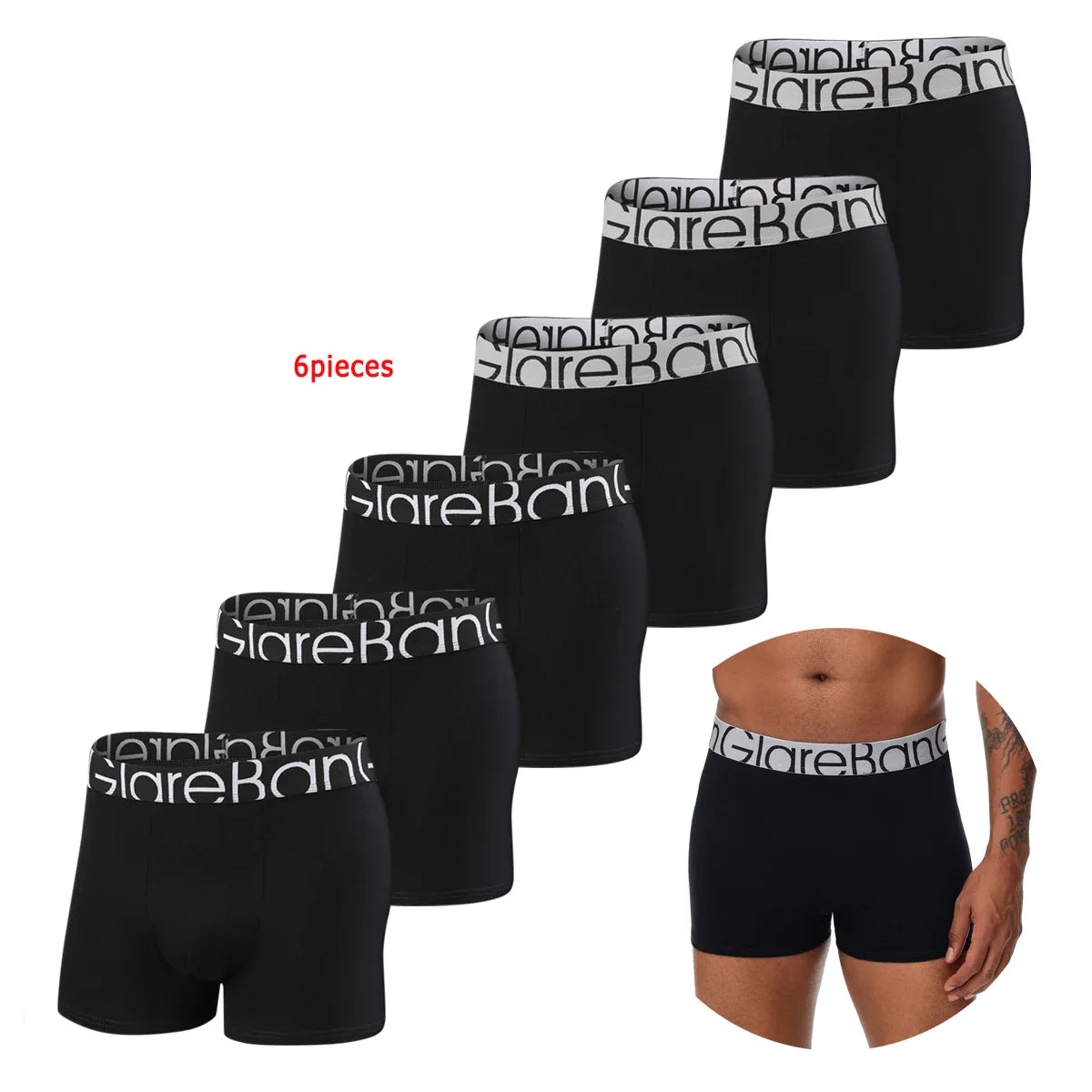 6-Pack Men's Black Boxer Shorts – Soft, Breathable Underwear for Comfort