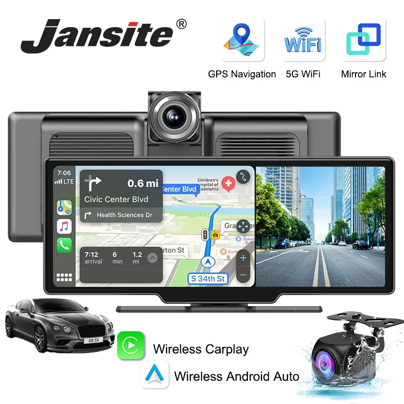 10.26" 4K Dash Cam Car Mirror — Wireless CarPlay Android Auto GPS Multimedia Rearview Camera Dashboard Monitor