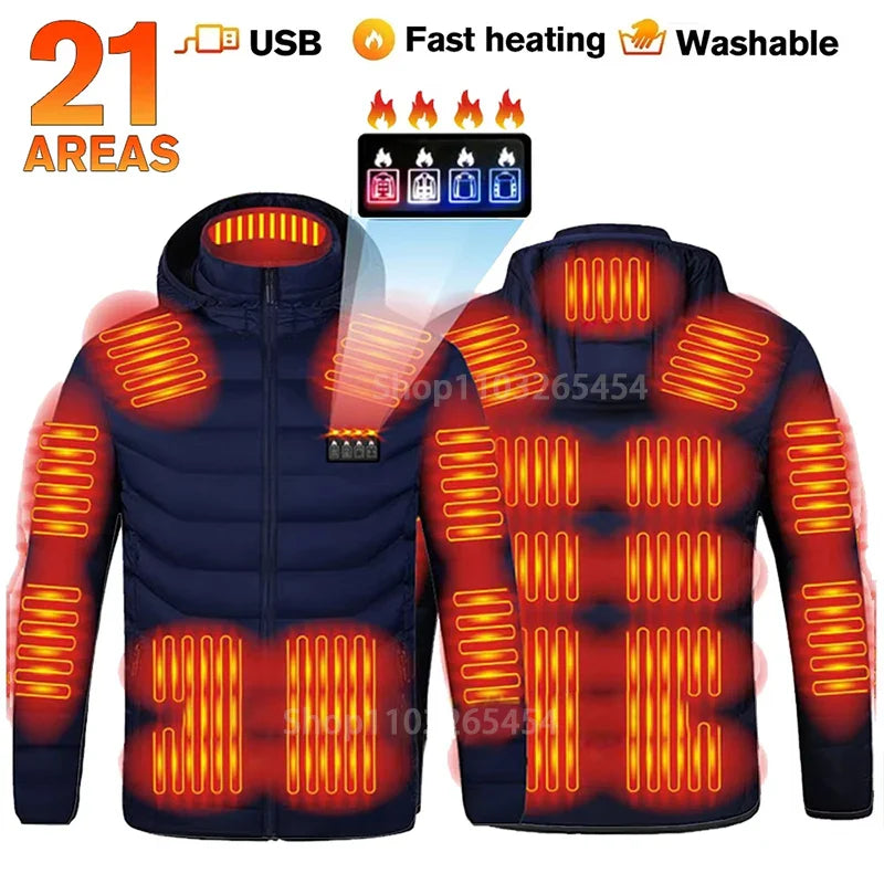 31-Zone Smart USB Heated Jacket for Men & Women – Waterproof Polyester Thermal Coat for Winter, Skiing, and Outdoor Activities