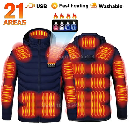 31-Zone Smart USB Heated Jacket for Men & Women – Waterproof Polyester Thermal Coat for Winter, Skiing, and Outdoor Activities