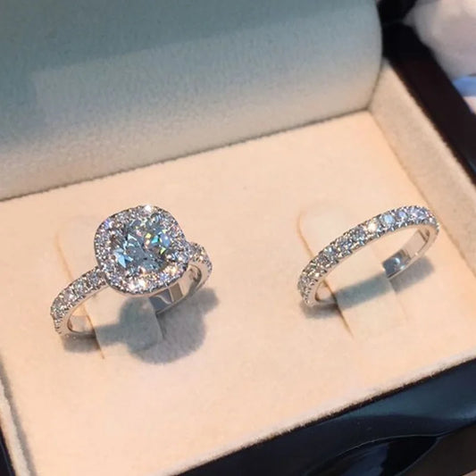 2PCS Luxury Crystal AAA Zircon Stone Ring Set - Fashion Bridal & Wedding Love Rings for Women