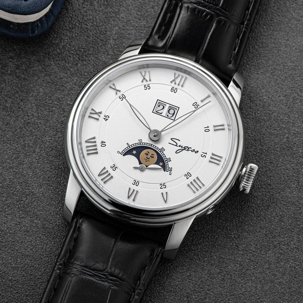 Sugess Moonphase Men’s Automatic Mechanical Watch — 40MM Stainless Steel with Seagull ST2528 Movement and Blue Sandstone Dial