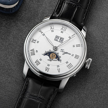 Sugess Moonphase Men’s Automatic Mechanical Watch — 40MM Stainless Steel with Seagull ST2528 Movement and Blue Sandstone Dial