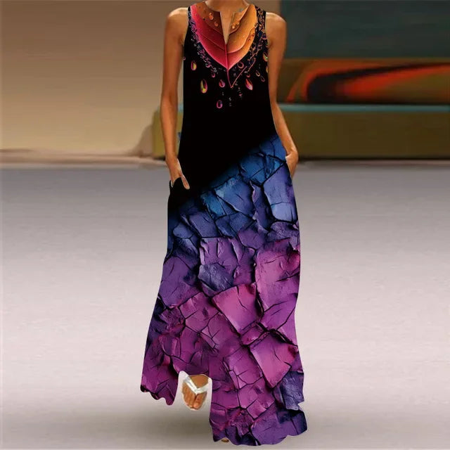 Women’s Retro V-Neck Summer Dress - Sleeveless Printed Maxi Swing Skirt with Loose Comfortable Fit
