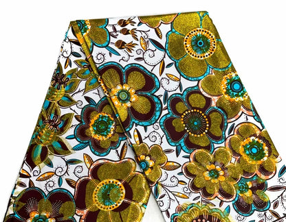 African Golden Glitter Wax Fabric - Soft Cotton Ankara Gold Print Batik 6 Yards