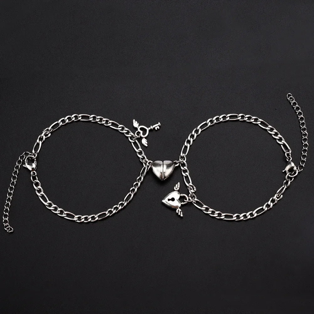 2-Piece Magnetic Couple Bracelet Set - Stainless Steel Heart Charm Cuban Chain Jewelry Gifts