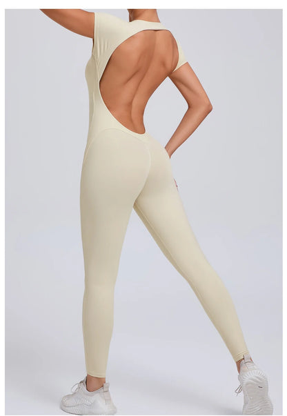 Women’s One-Piece Padded Backless Yoga Romper – Quick-Dry Workout Bodysuit & Sports Jumpsuit