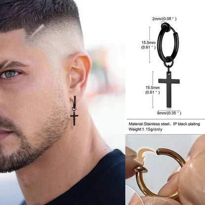 Stainless Steel Cross Charm Earrings - Men's Fashion Jewelry