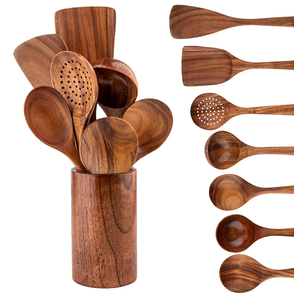 Wood Kitchenware Cooking Set – Household Spatula, Spoon, Fork & Salad Utensils with Storage Bucket