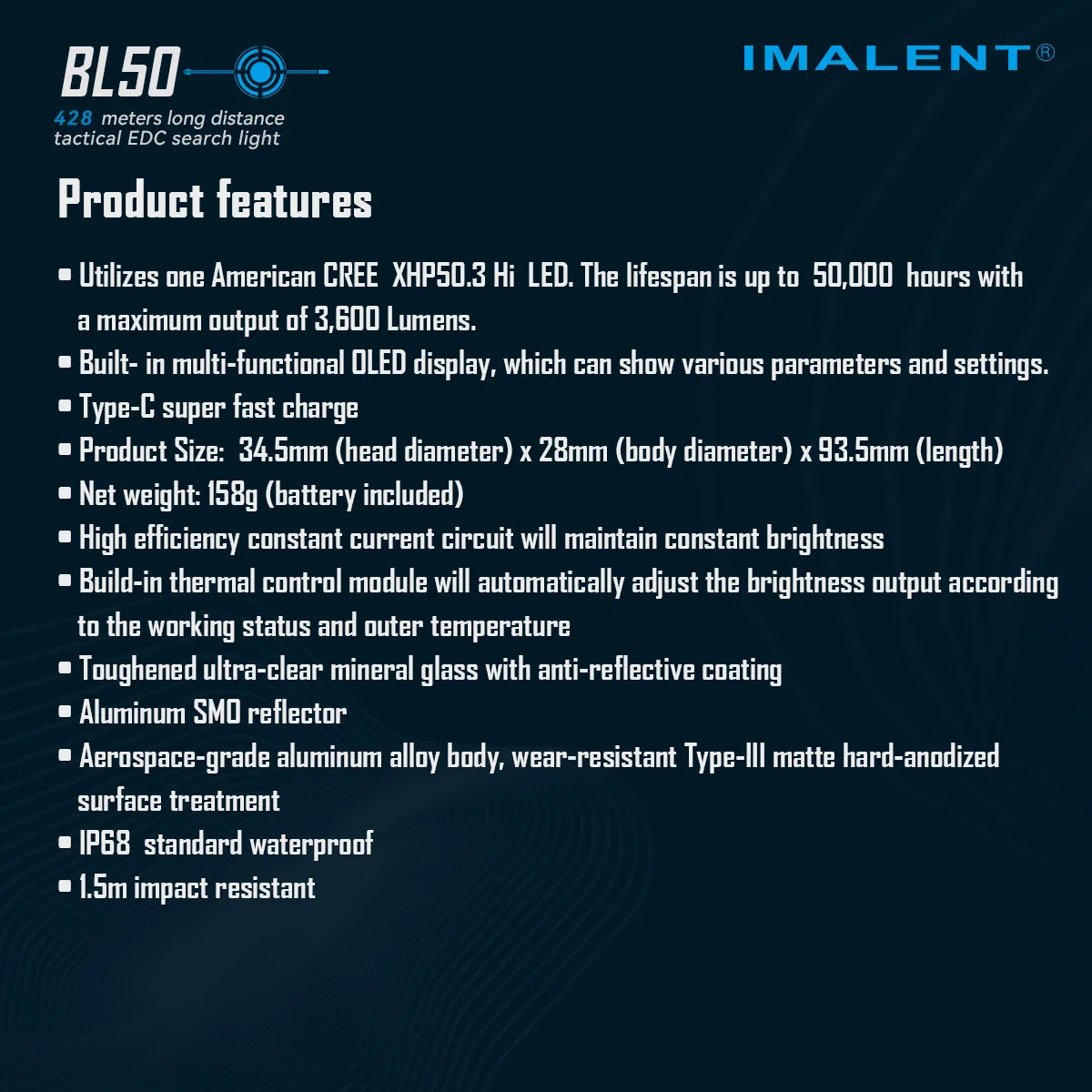 IMALENT BL50 EDC Flashlight – 3600 Lumen Cree XHP50 HI LED, Type-C Rechargeable Dual Light for Camping & Work