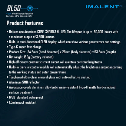 IMALENT BL50 EDC Flashlight – 3600 Lumen Cree XHP50 HI LED, Type-C Rechargeable Dual Light for Camping & Work
