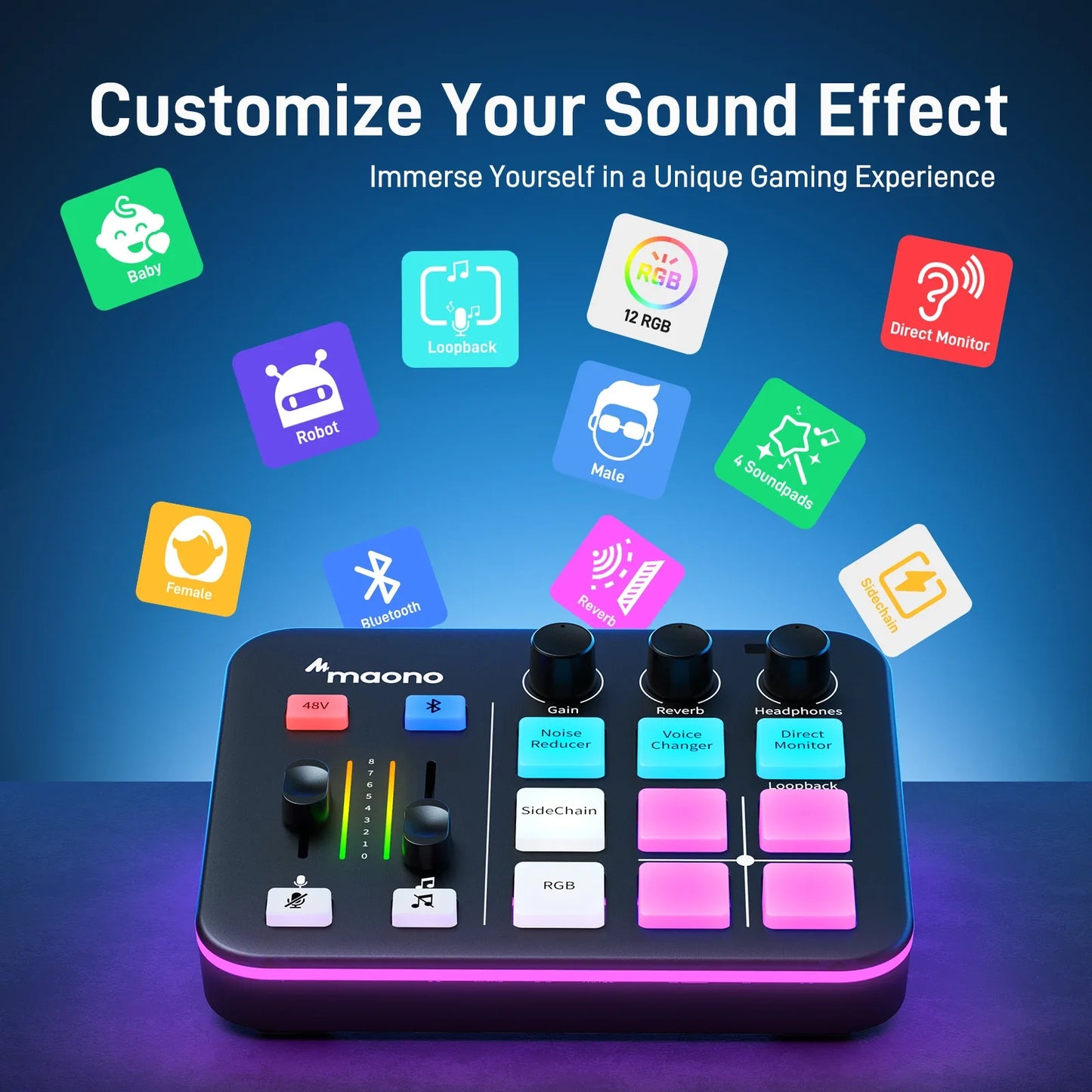 MAONO G1 NEO Gaming Audio Mixer - RGB Streaming Sound Effects Controller with XLR Microphone Interface