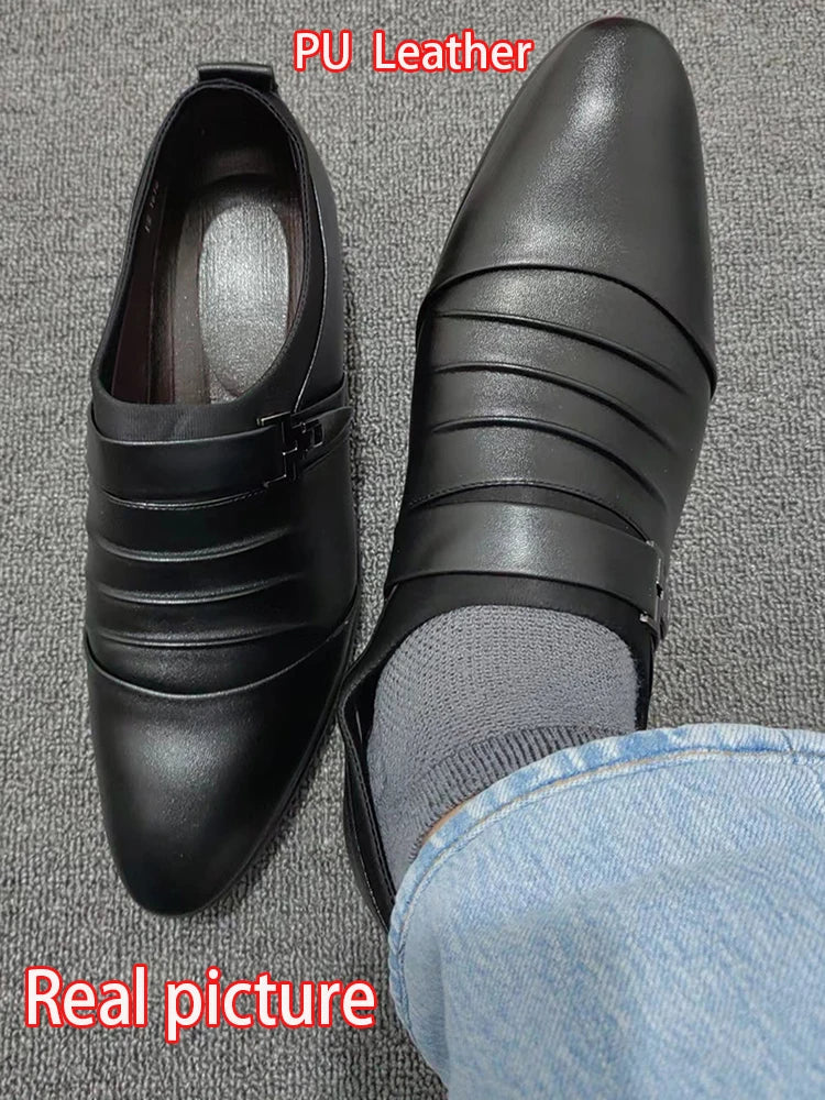 Men’s Classic Black Leather Slip-On Dress Shoes - Pointed Toe Business, Casual & Wedding Formal Shoes Plus Size