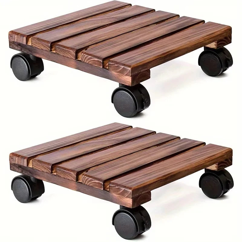 Wooden Plant Caddy Stand - Heavy Duty Rolling Plant Dolly with Lockable Wheels for Indoor & Outdoor Pots