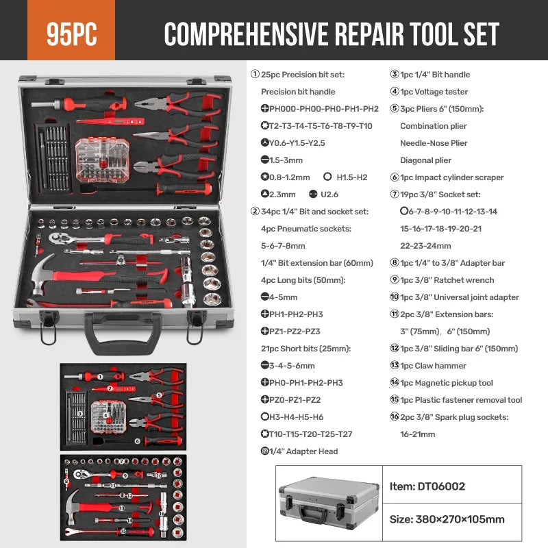 Hi-Spec 91PCS Professional Tool Set - CR-V Socket Wrench Repair Kit with Aluminum Carrying Case