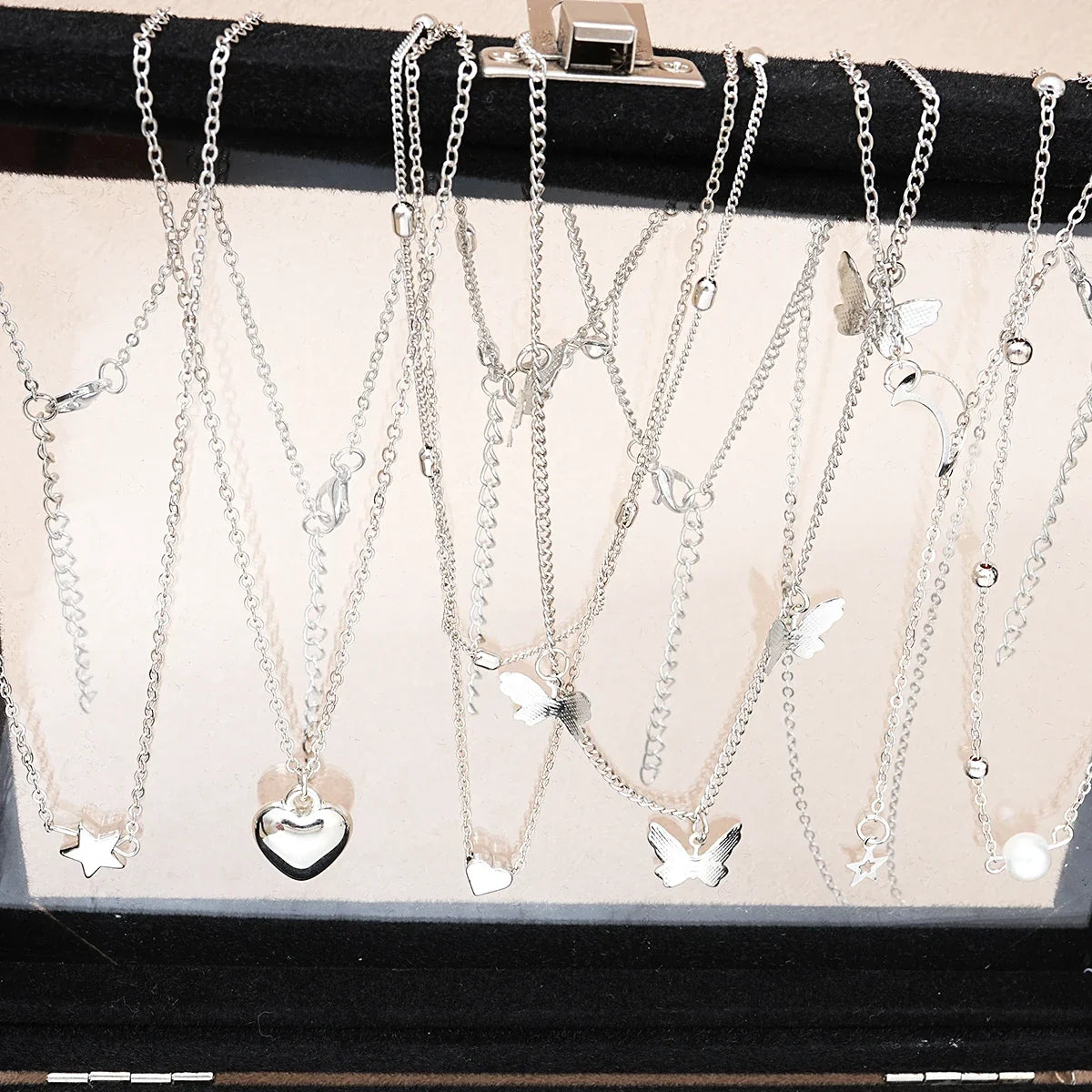 51Pcs Silver Butterfly Pearl Jewelry Set - Chic Heart Necklace Earrings Rings Fashion Accessories for Women Daily Wear