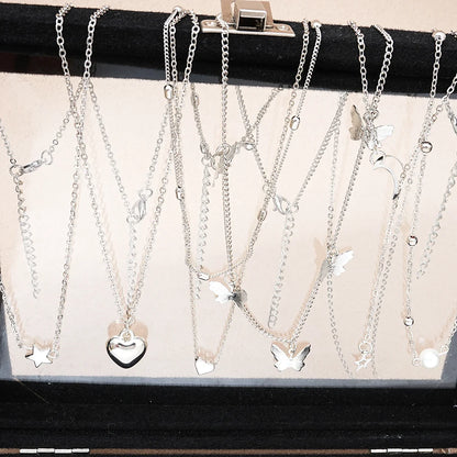51Pcs Silver Butterfly Pearl Jewelry Set - Chic Heart Necklace Earrings Rings Fashion Accessories for Women Daily Wear