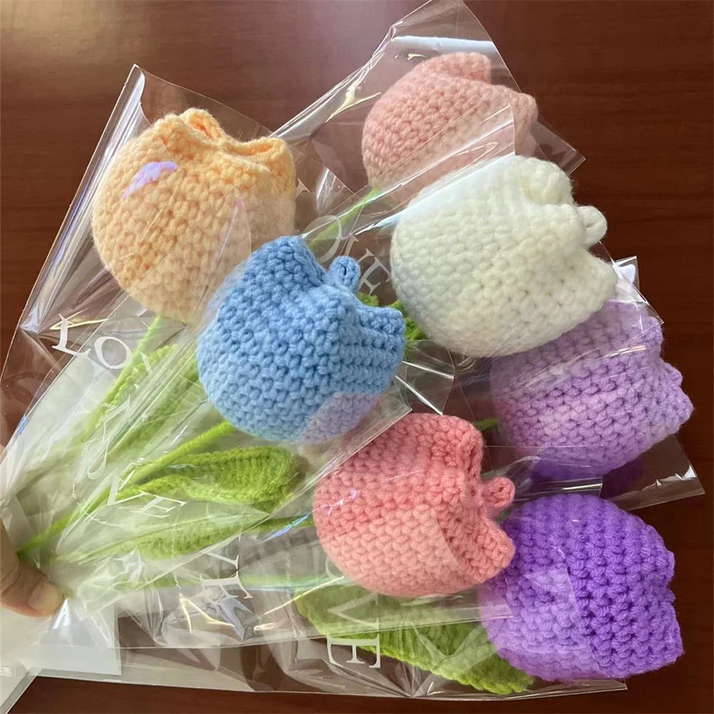 Hand-Knitted Rose, Tulip & Sunflower Bouquet – Crochet Simulation Floral Arrangement for Home Table Decor