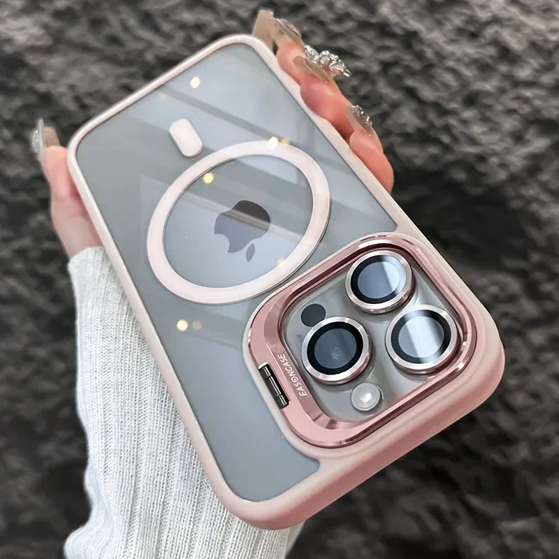 Luxury Magnetic Shockproof Phone Case - MagSafe Compatible iPhone Cover with Stand & Glass Lens Protection for iPhone 17 16 15 14 13 12 11 Pro Max