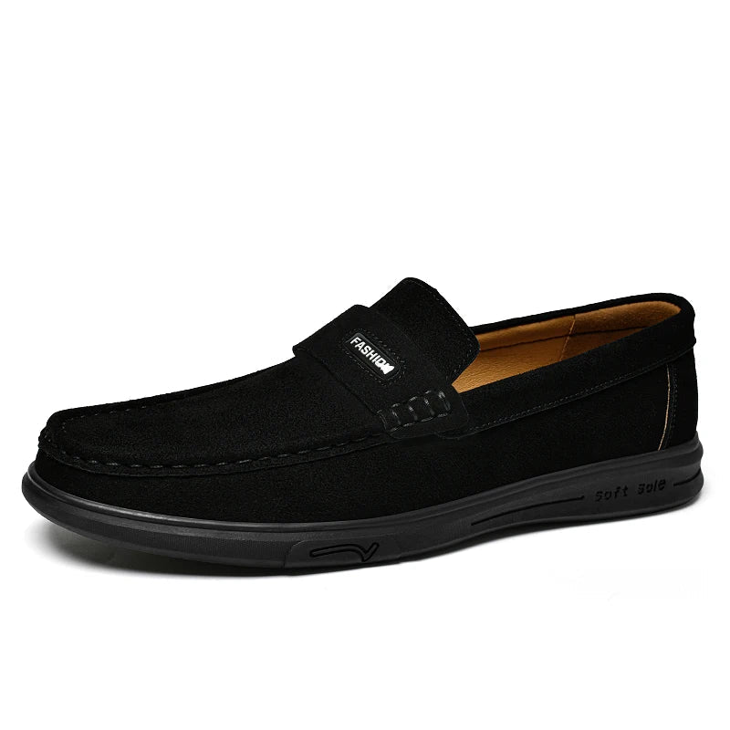 Men's Suede Leather Loafers - Black Slip-On Casual Driving & Business Shoes in Large Sizes