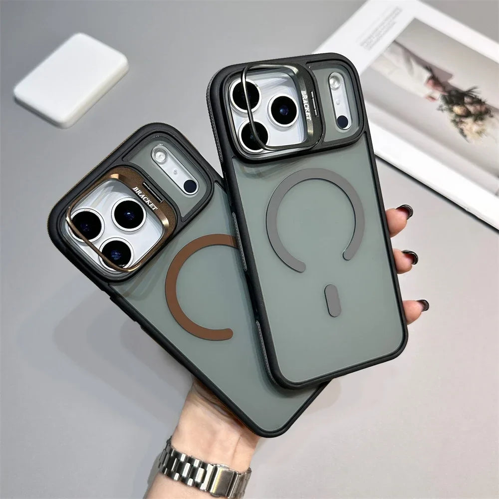 Luxury Matte Transparent MagSafe Kickstand Case — Magnetic Stand Cover for iPhone 11–17 Air, Plus, Pro Max
