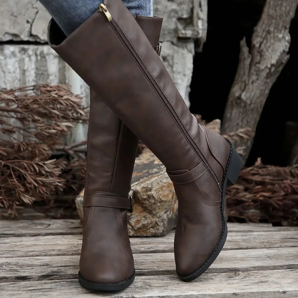 Women’s Winter High-Top Knight Boots – Side Zipper & Belt Buckle, Pointed Toe, PU Material with Cotton Lining