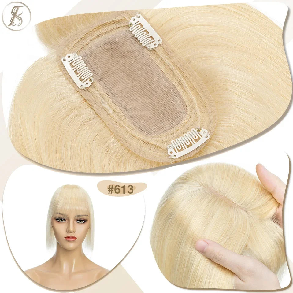 TESS Women Human Hair Topper With Bangs - 7x12.5cm Silk Base Clip In Hair Extension Natural Wigpiece
