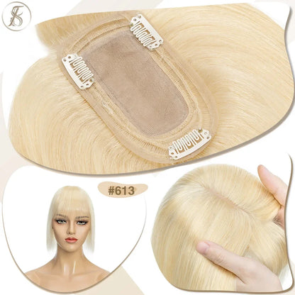 TESS Women Human Hair Topper With Bangs - 7x12.5cm Silk Base Clip In Hair Extension Natural Wigpiece
